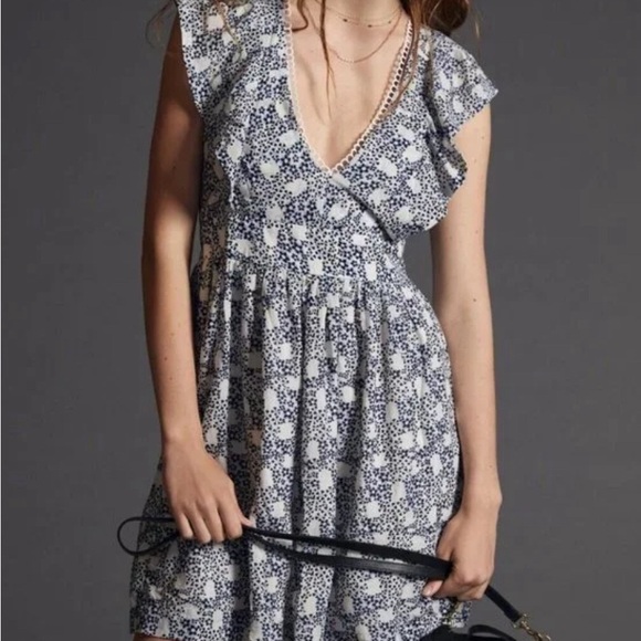 Anthropologie Dresses & Skirts - Anthropologie Blue & Cream Floral Printed Ruffle Sleeve Mini Dress